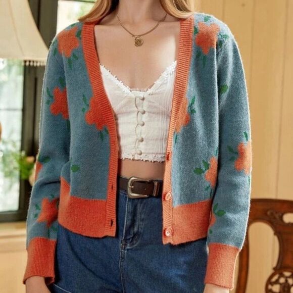 Shein Mod Oversized Cardigan Sweater Size L Blue Orange Floral Retro - Picture 3 of 8
